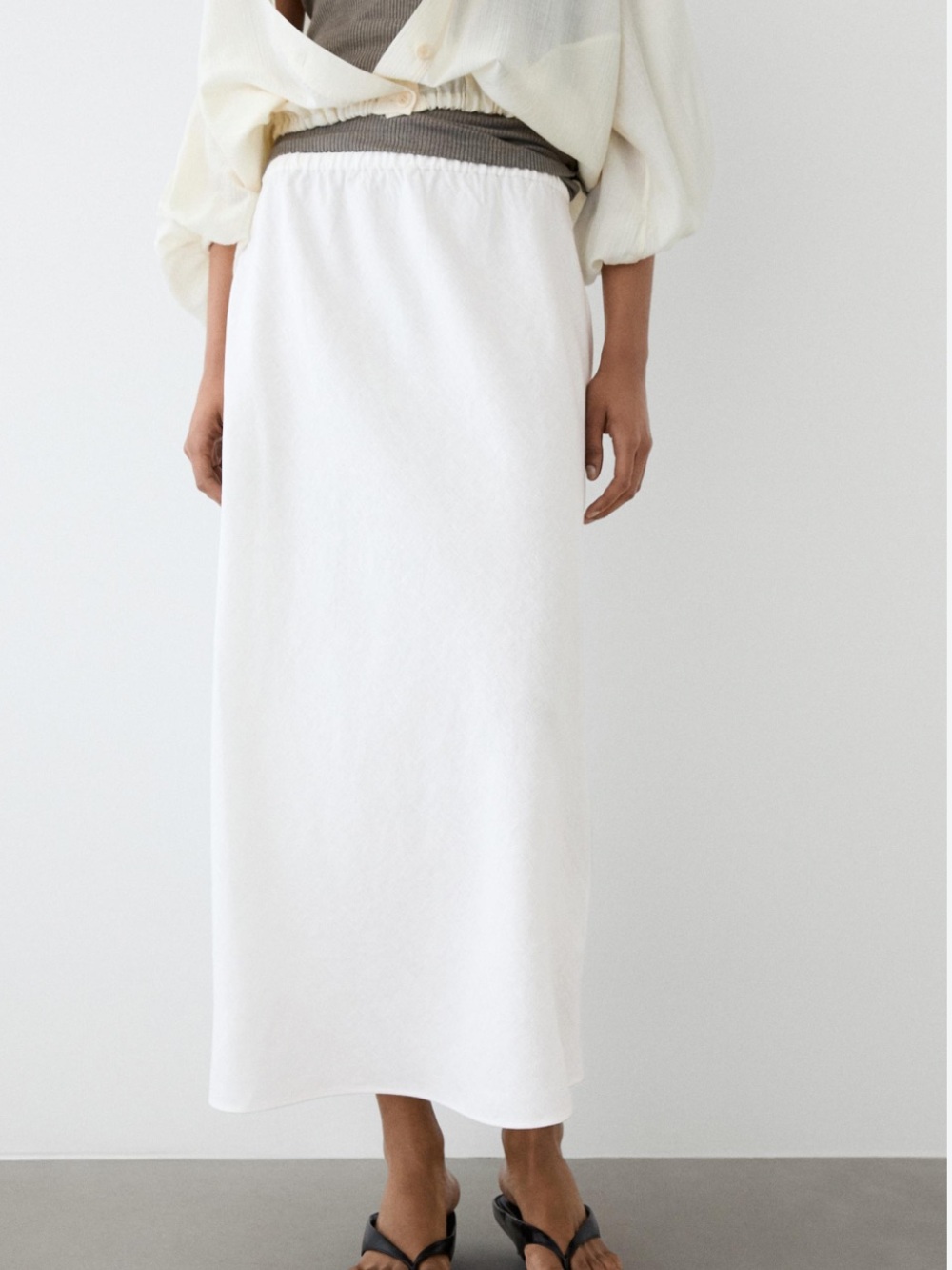 Massimo Dutti White 100% Linen Midi Skirt Elastic Waist NWT Size Small Ref 5233/
